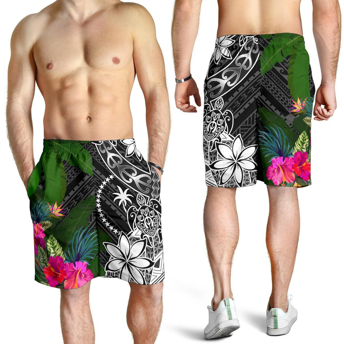 Chuuk Men Shorts - Turtle Plumeria Banana Leaf - Polynesian Pride