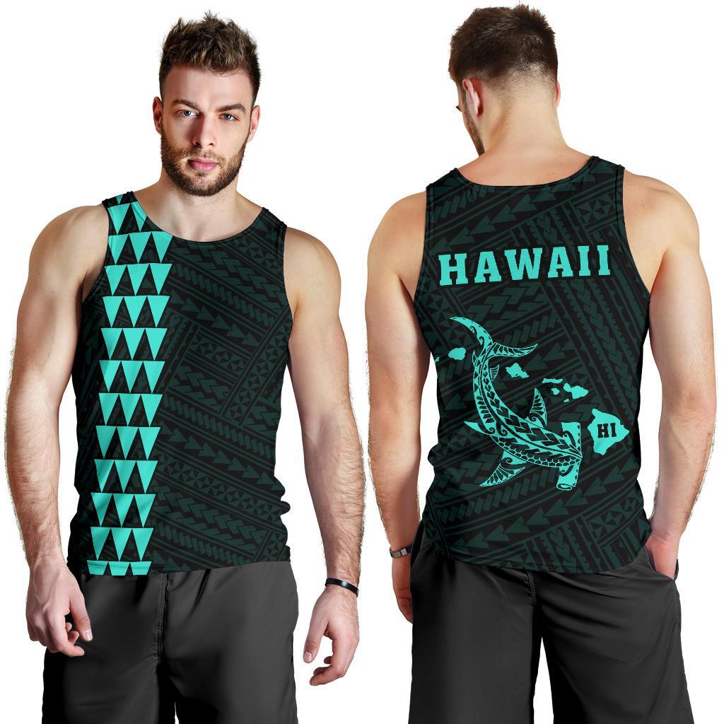Hawaii Kakau Polynesian Hammerhead Shark Map Men's Tank Top - Turquoise Turquoise - Polynesian Pride