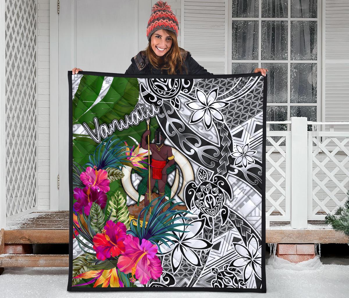 Vanuatu Premium Quilt White - Turtle Plumeria Banana Leaf - Polynesian Pride