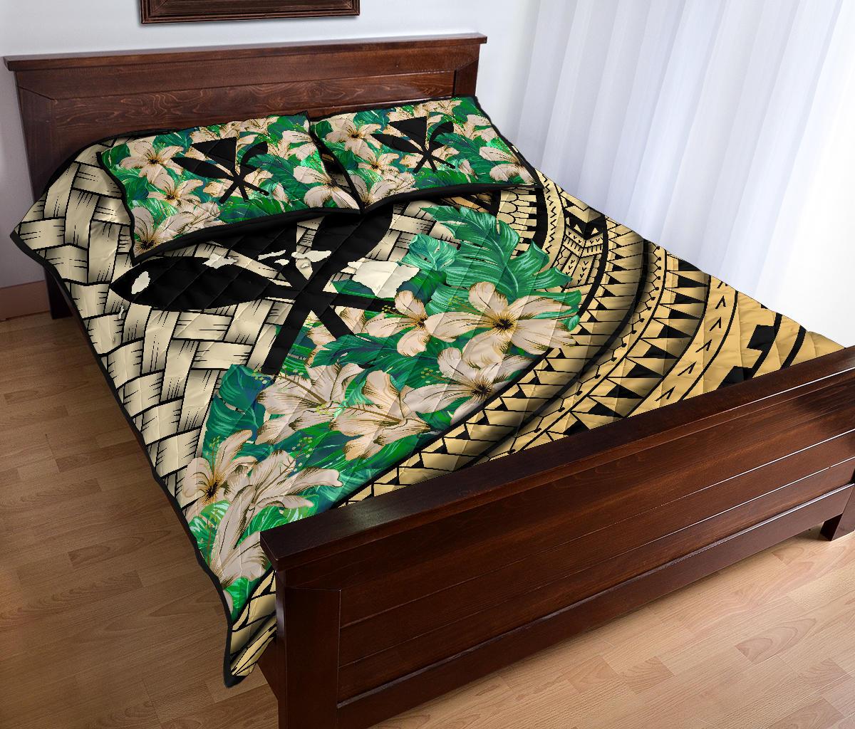 Kanaka Maoli (Hawaiian) - Quilt Bed Set Lauhala Polynesian Hibiscus Gold - Polynesian Pride