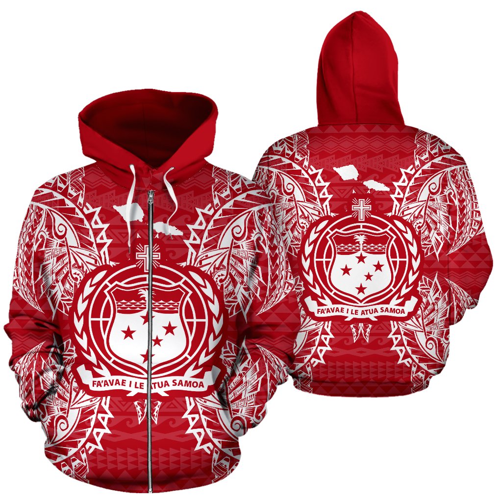 Samoa Polynesian All Over Zip up Hoodie Map Red White Unisex Red - Polynesian Pride