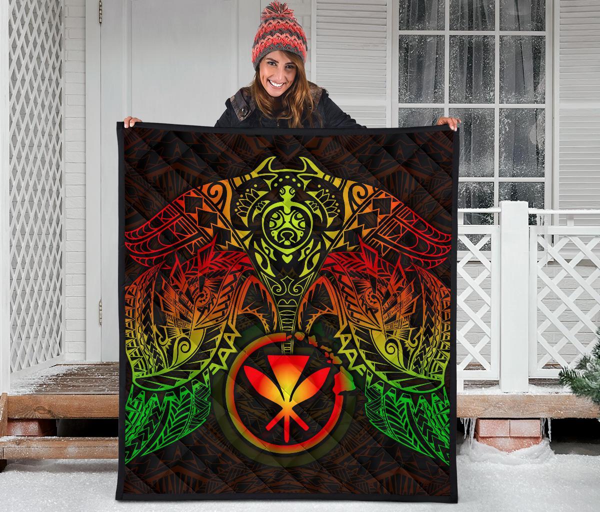 Hawaii Polynesian Premium Quilt - Reggae Kanaka Maoli Turtle Manta Ray RED - Polynesian Pride