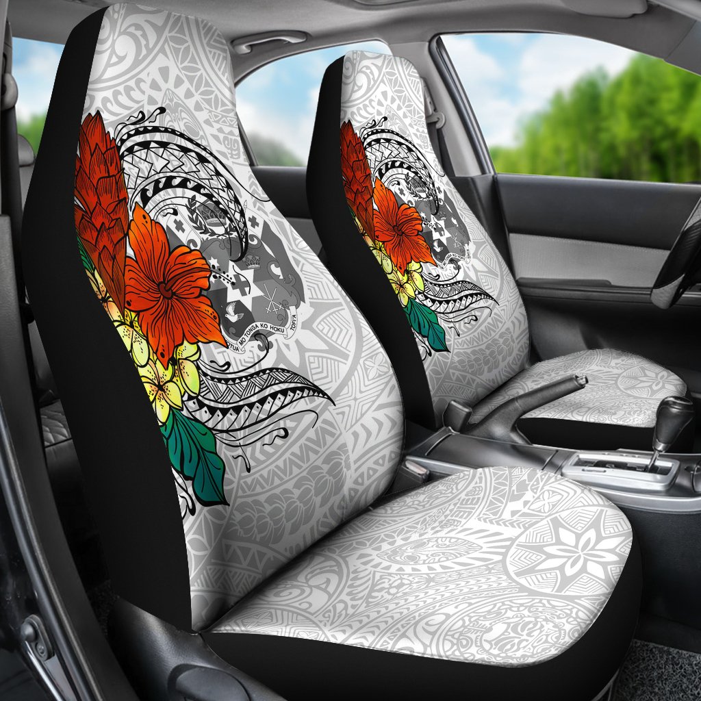 Tonga Car Seat Covers - Tropical Flowers White Patterns Style Universal Fit White - Polynesian Pride