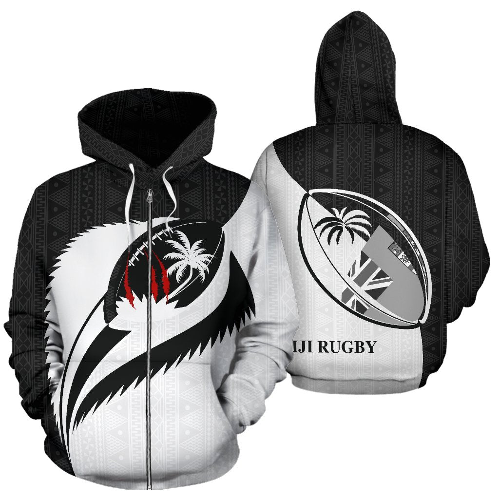 Fiji Rugby Zip up Hoodie Fiji Flag Coat of Arms Style BW K6 Unisex Black - Polynesian Pride