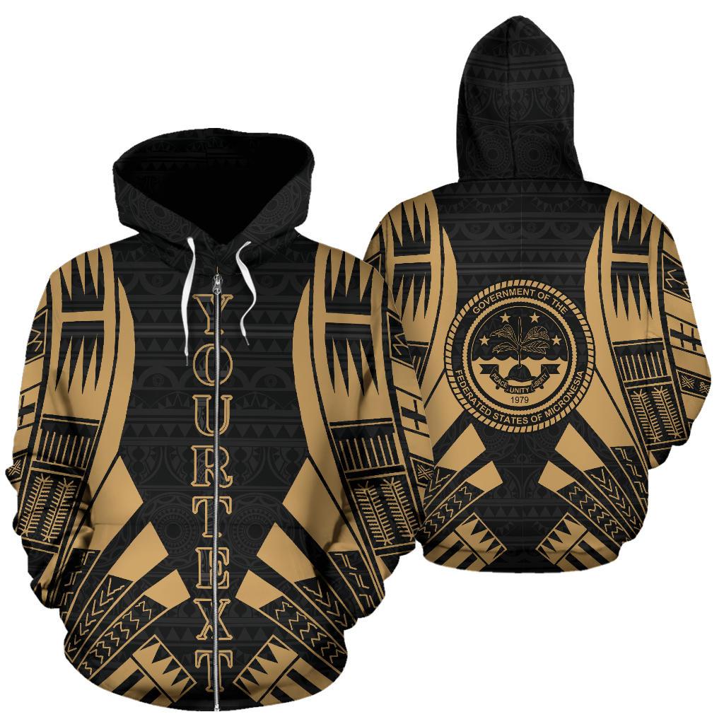 Federated States of Micronesia All Over Custom Zip up Hoodie Gold Tattoo Style Unisex Black - Polynesian Pride