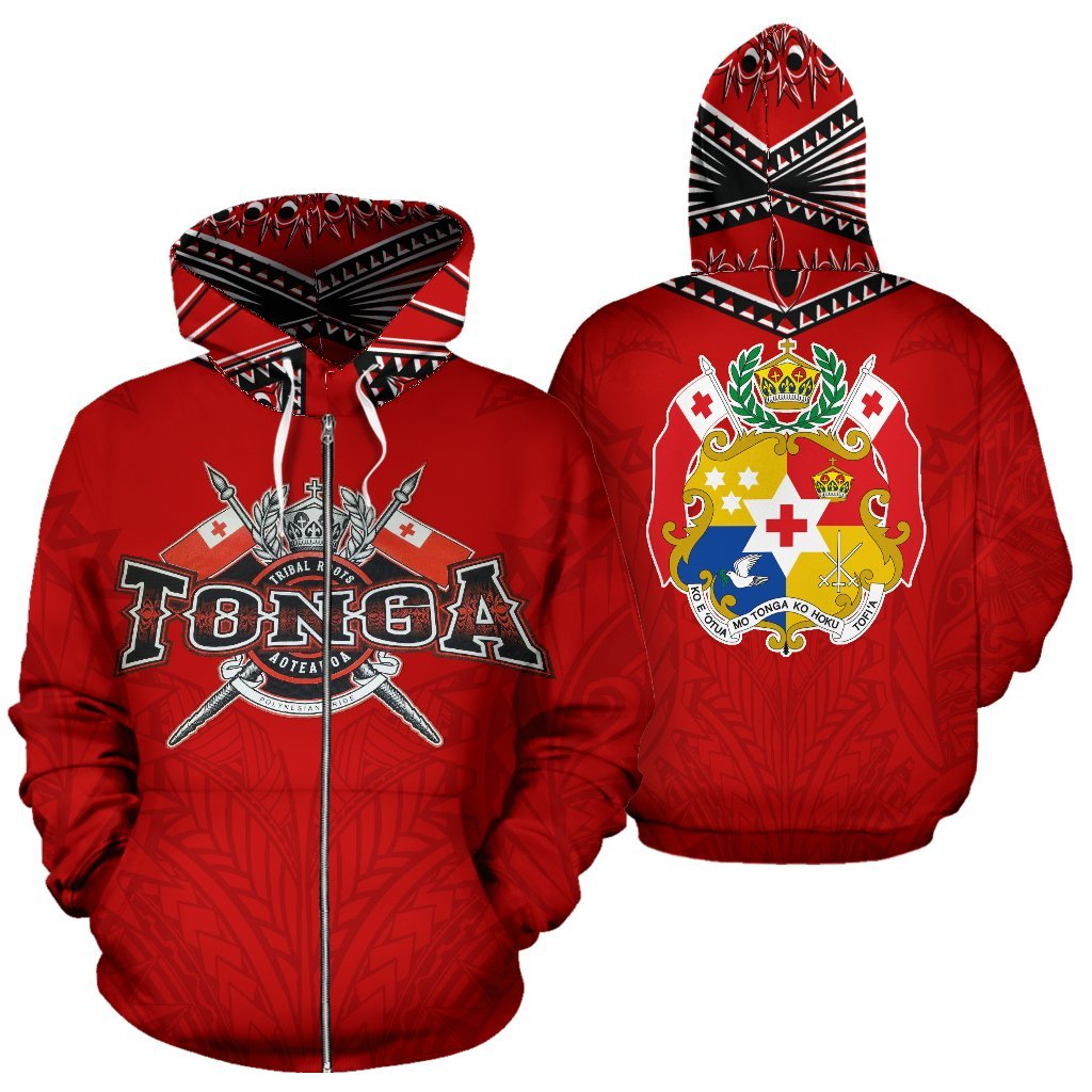 Tonga Zip up Hoodie Tonga Flag COat of Arms Tribal Roots Red Unisex Red - Polynesian Pride