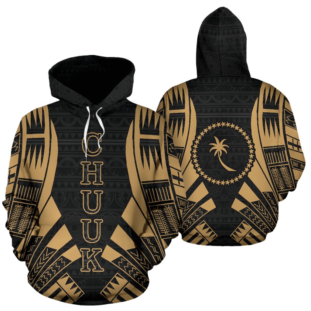 Chuuk State All Over Hoodie Gold Tattoo Style Unisex Black - Polynesian Pride
