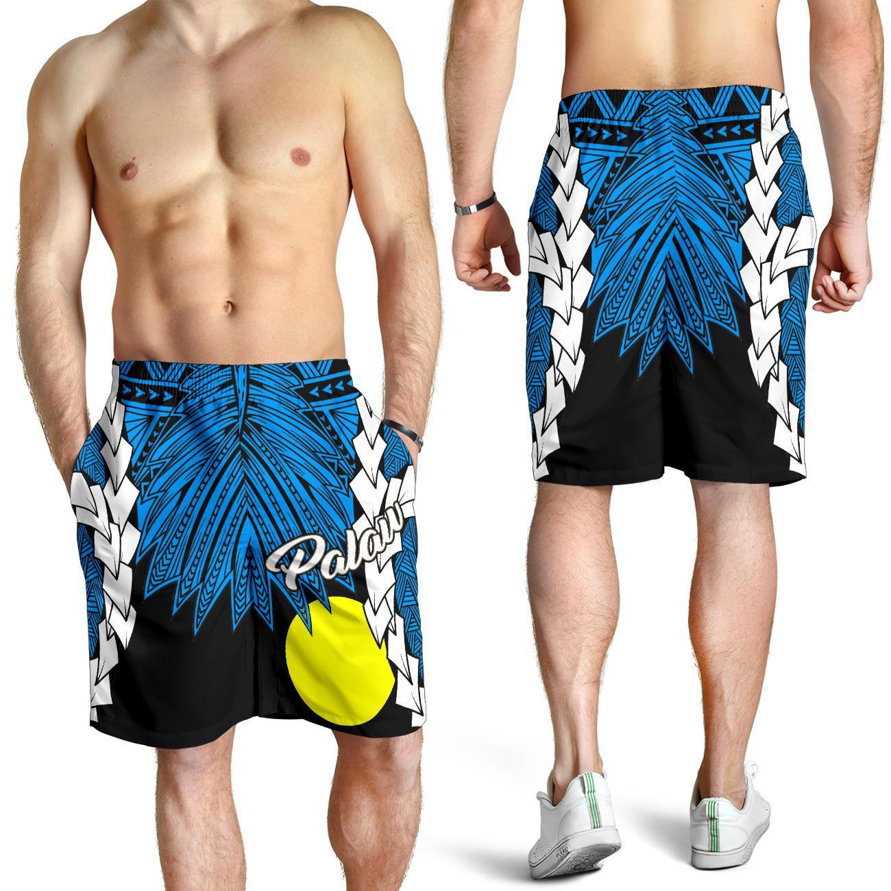 Palau Polynesian Men's Shorts - Tribal Wave Tattoo Flag Style Blue - Polynesian Pride