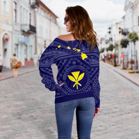 Hawaii Women's Off Shoulder Sweater - Hawaii Kanaka Maoli And Map ( Blue) - Polynesian Pride