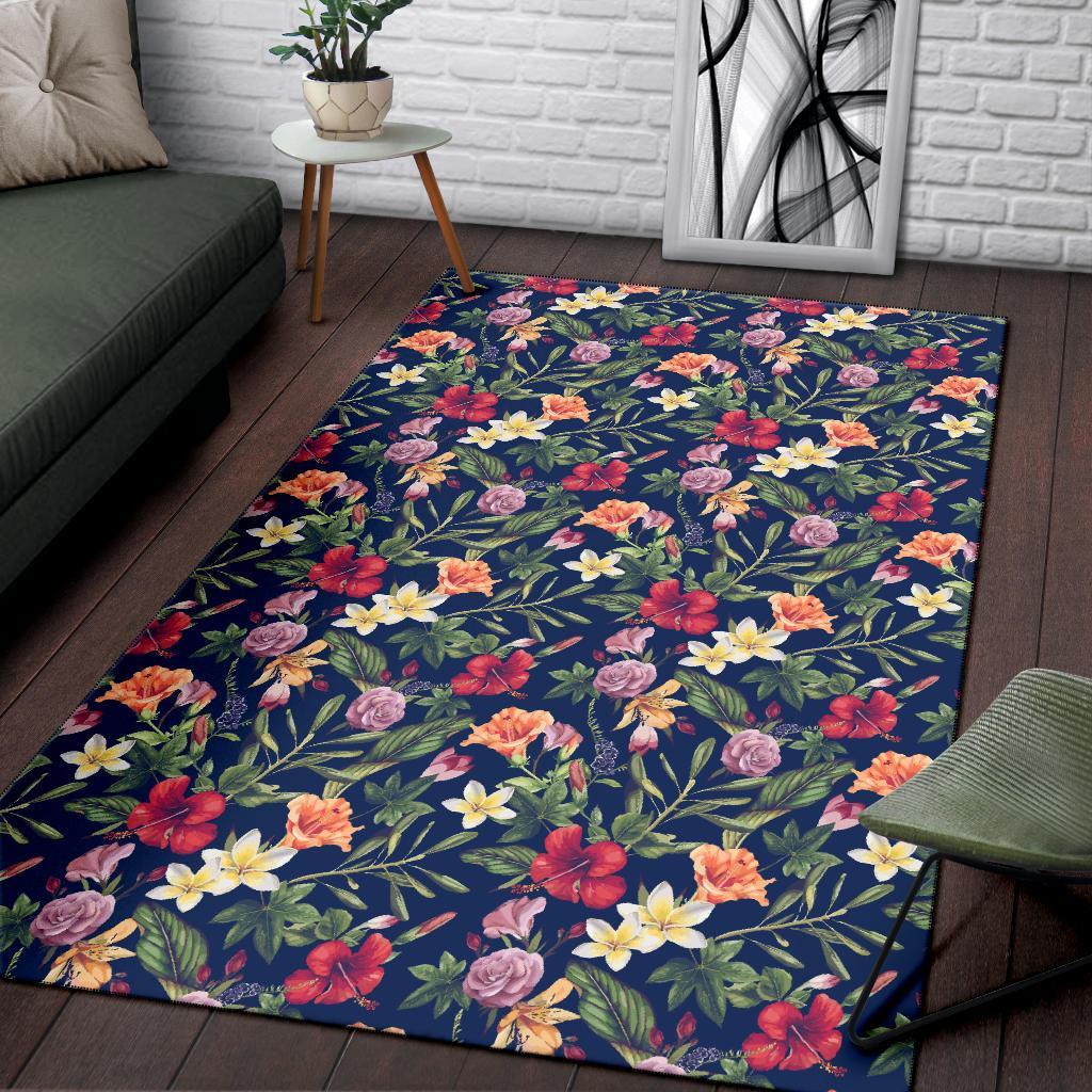 Tropical Hibiscus Red And Plumeria White Rug - Polynesian Pride