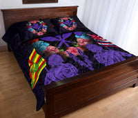 Hawaii Map Kanaka Two Men Holding Flag Quilt Bed Set - AH - Purple - Polynesian Pride