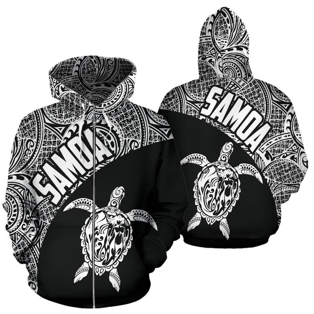 Samoa Zip up Hoodie Samoa Turtle Mermaid Polynesian Tattoo White Unisex Black - Polynesian Pride