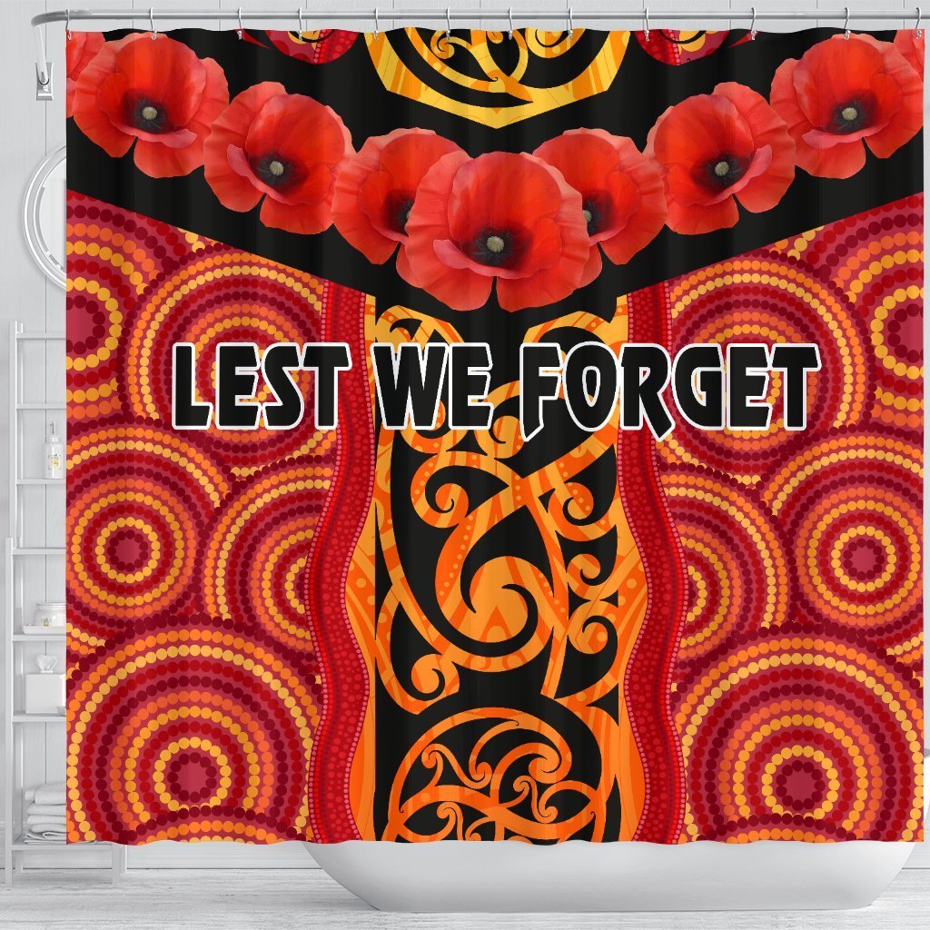 Anzac Lest We Forget Poppy Shower Curtain New Zealand Maori Silver Fern - Australia Aboriginal - Polynesian Pride