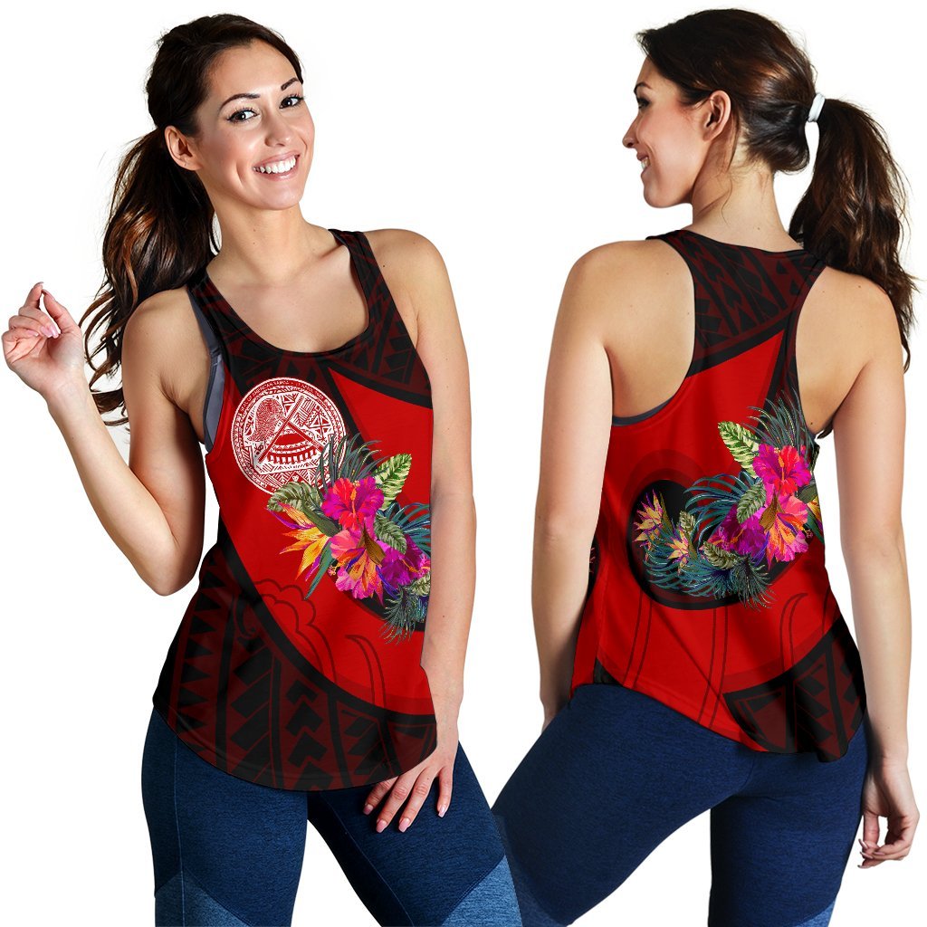 American Samoa Women's Racerback Tank - Polynesian Hook And Hibiscus (Red) - Polynesian Pride