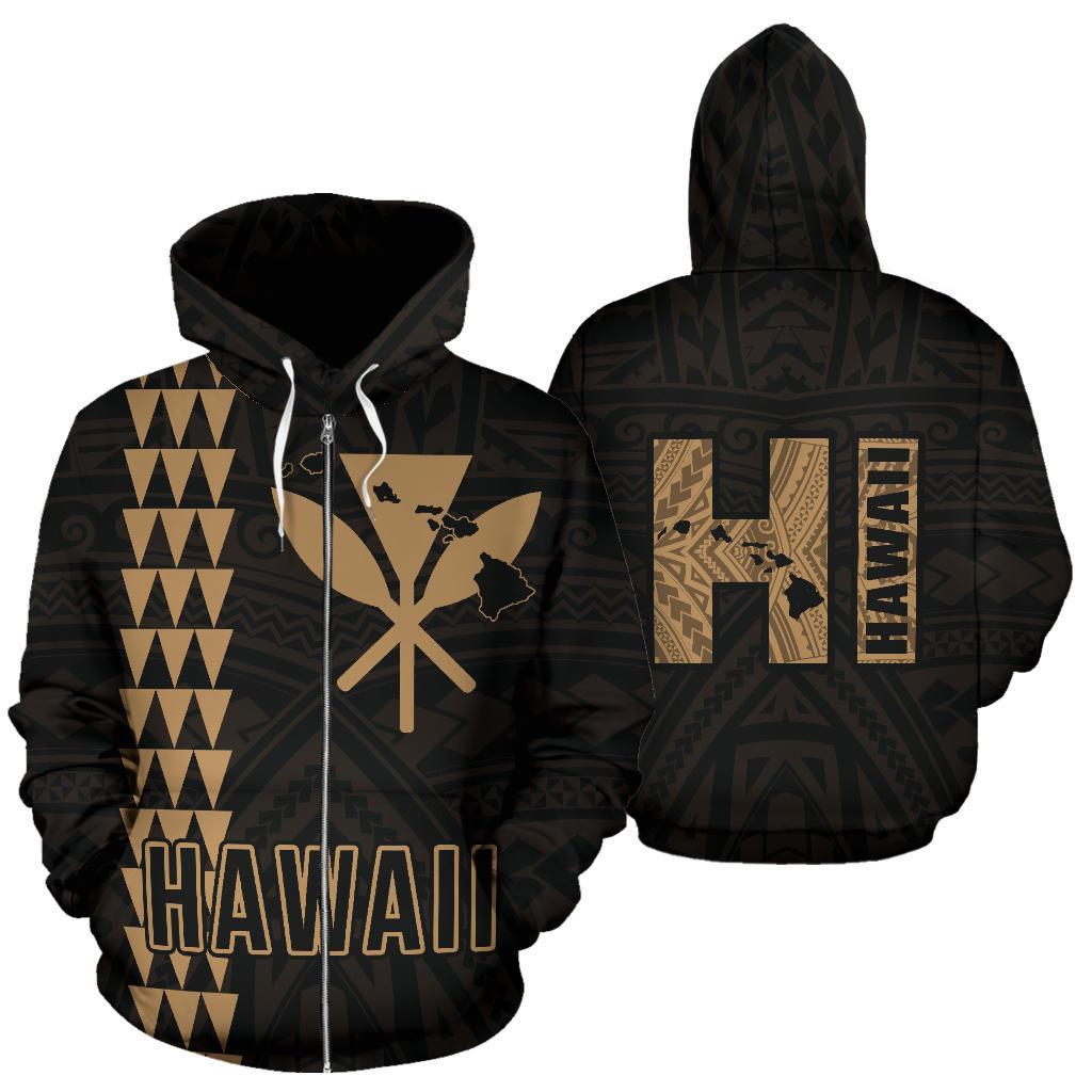 Polynesian Kakau Kanaka Map of Hawaii Zip Hoodie Gold Unisex Gold - Polynesian Pride