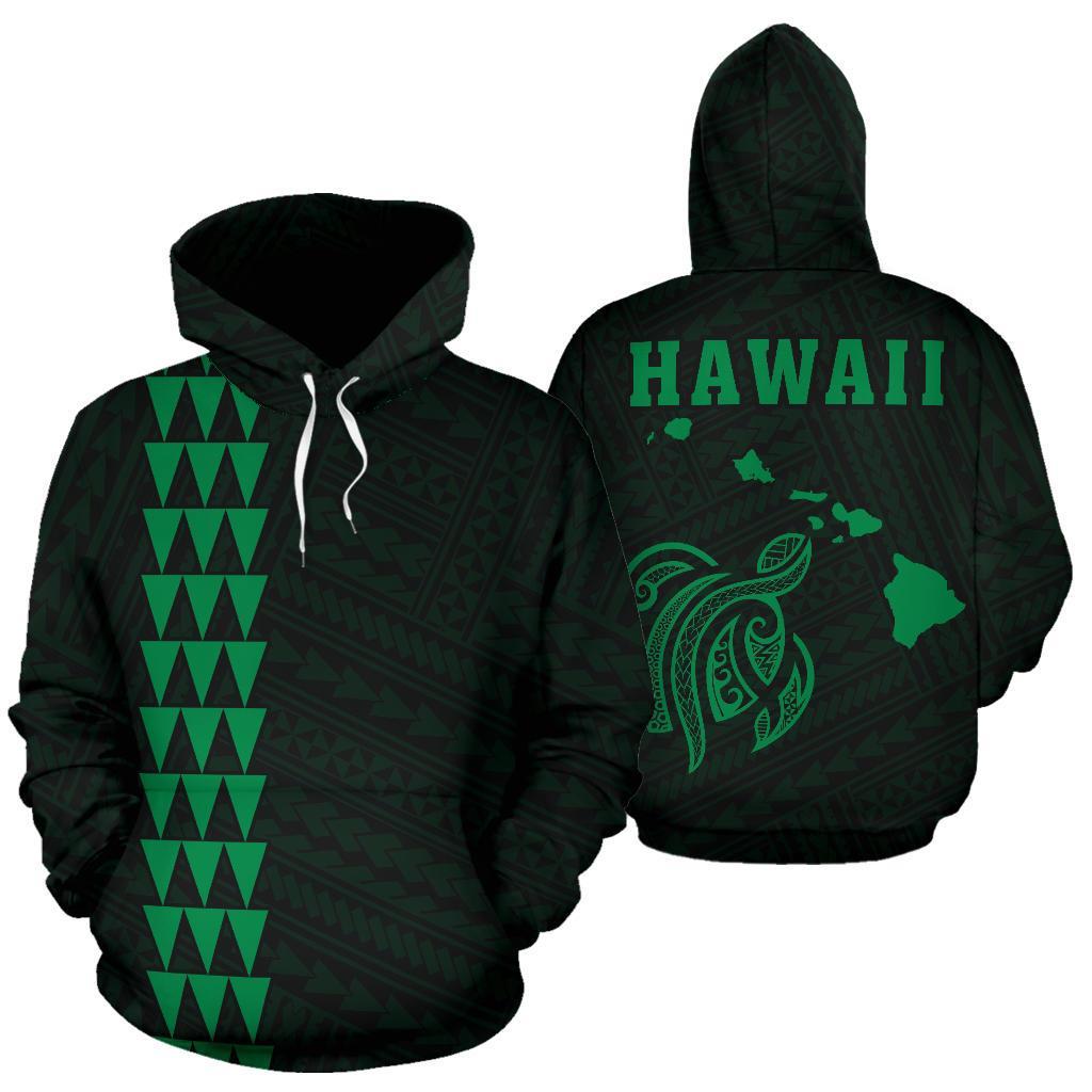 Polynesian Kakau Turtle Map of Hawaii Hoodie Green Unisex Green - Polynesian Pride