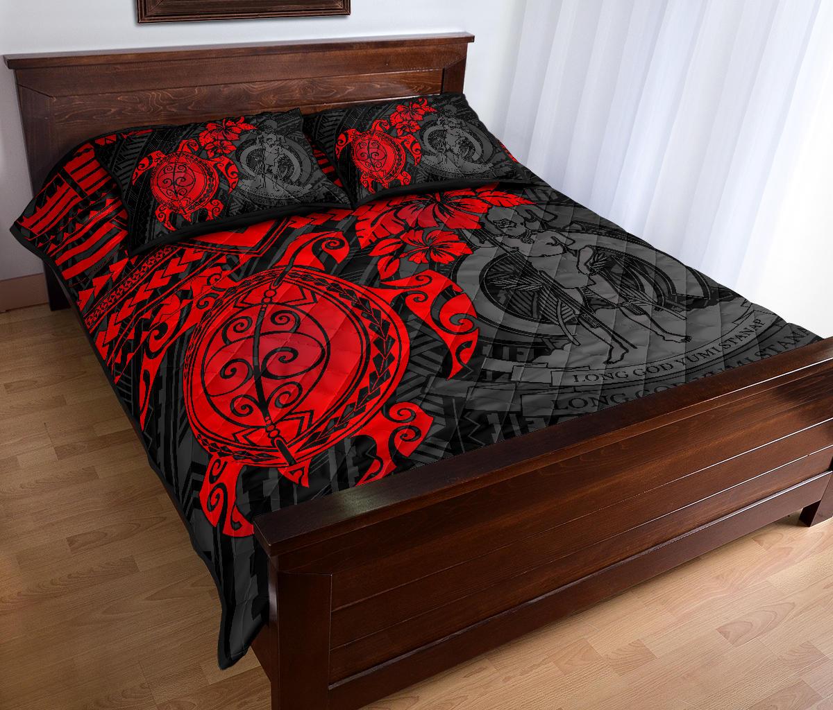 Vanuatu Polynesian Quilt Bed Set - Vanuatu Coat Of Arms & Red Turtle Hibiscus - Polynesian Pride