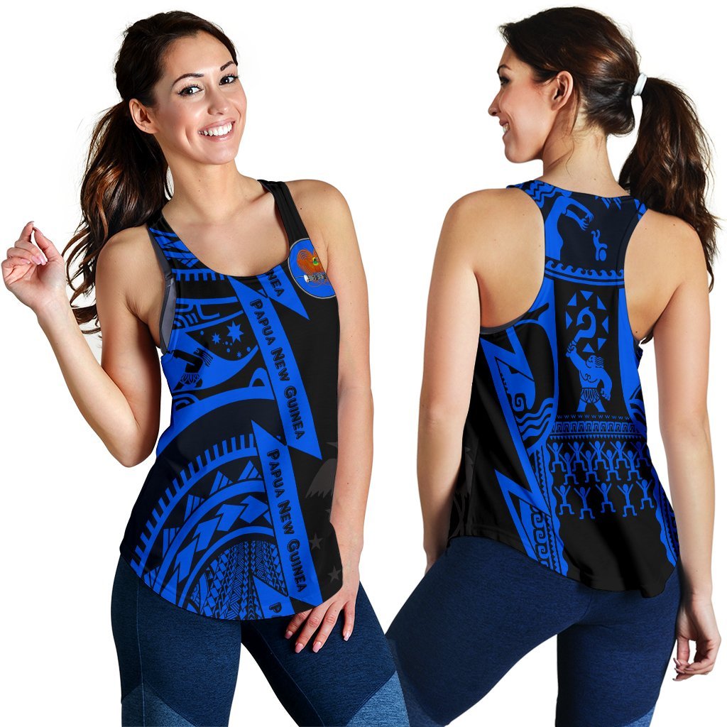 Polynesian Guinea Women's Racerback Tank - Moana Maui Tattoo With Coat Of Arm Guinea Blue - Polynesian Pride