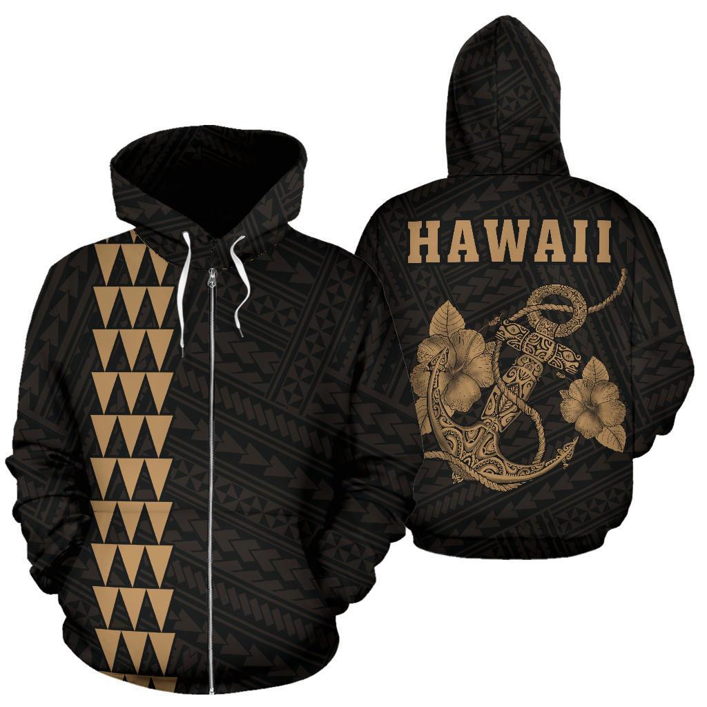 Polynesian Kakau Anchor Hibiscus Hawaii Zip Hoodie Gold Unisex Gold - Polynesian Pride