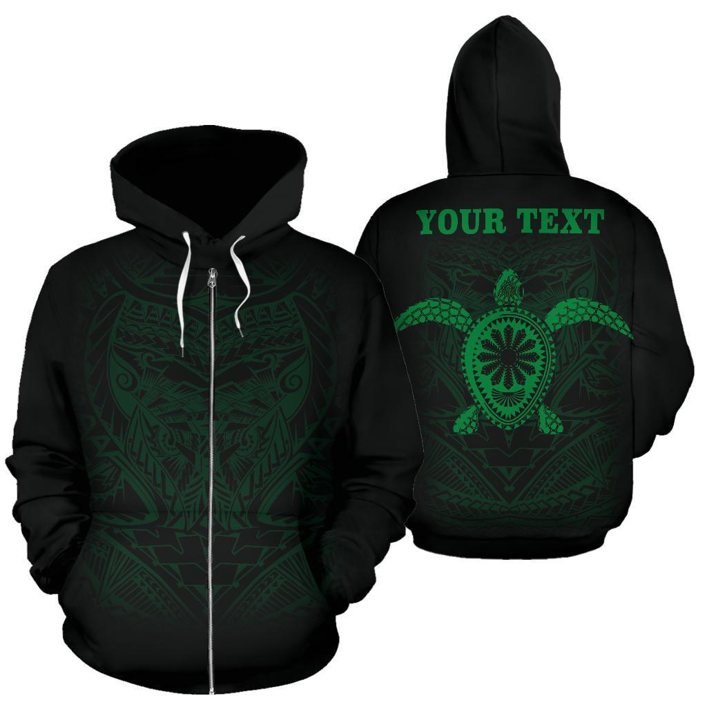 Polynesian All Over Custom Zip up Hoodie Green Turtle Tribal Pattern Unisex Black - Polynesian Pride