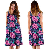 Hawaii Tropical Flowers With Hummingbirds Palm Leaves Midi Dress - Polynesian Pride