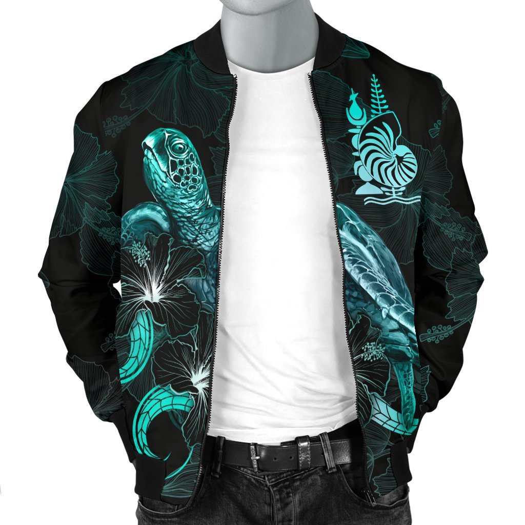 New Caledonia Polynesian Men's Bomber Jacket - Turtle With Blooming Hibiscus Turquoise - Polynesian Pride