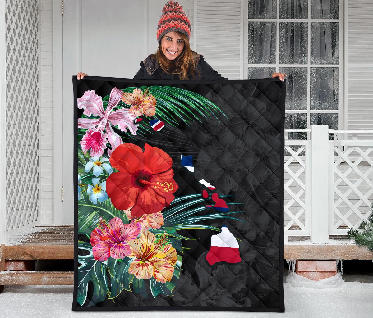 Hawaii Premium Quilt - Hawaii Map Hibiscus Quilt - Polynesian Pride