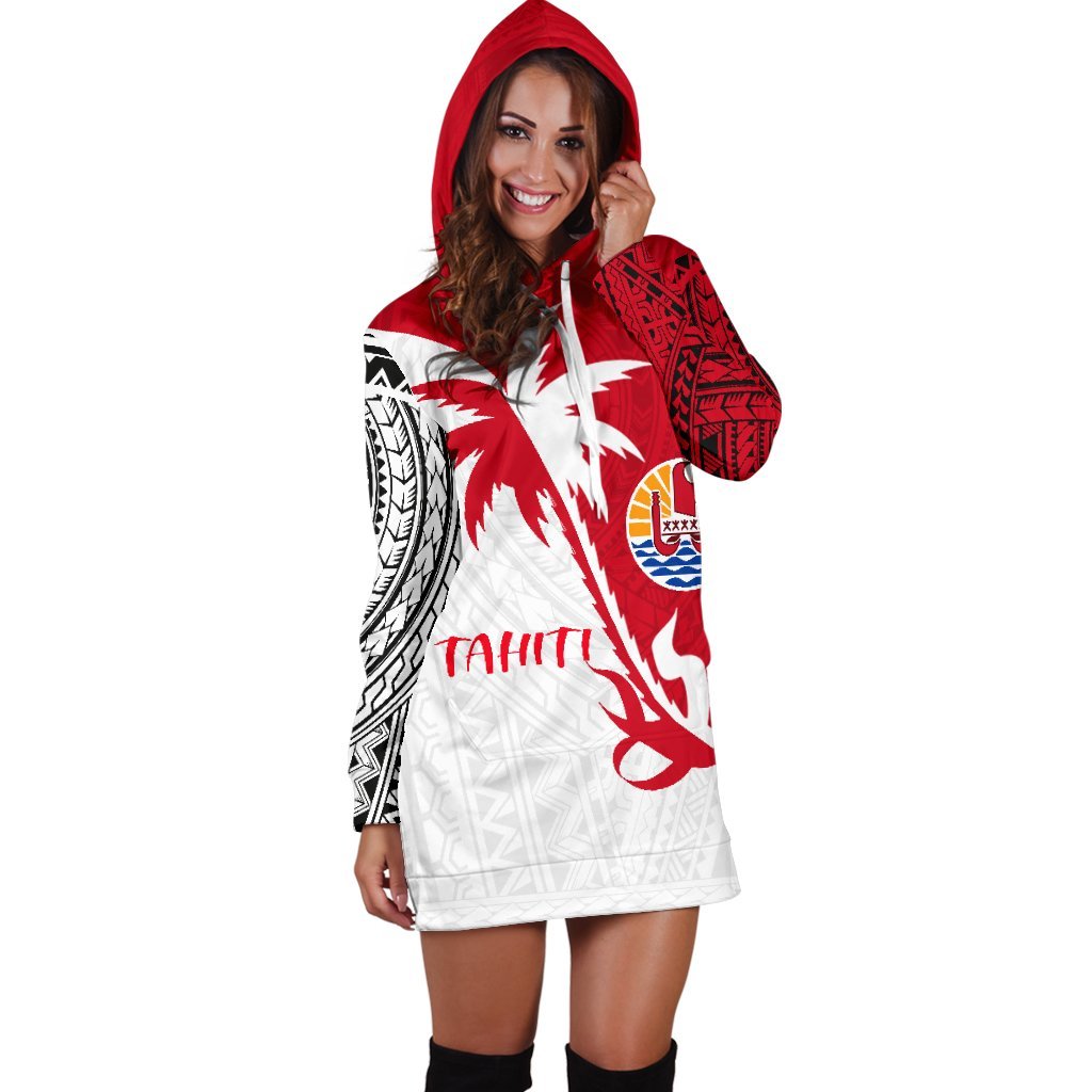 Tahiti Polynesian Hoodie Dress - Tahiti Flag Coconut Tree K4 - Polynesian Pride
