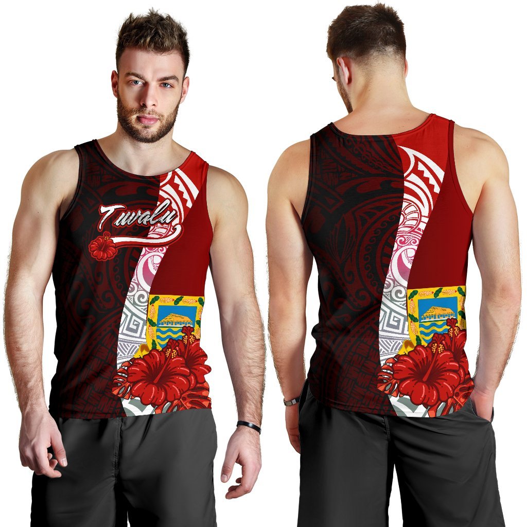 Tuvalu Polynesian Men's Tank Top - Coat Of Arm With Hibiscus Red - Polynesian Pride