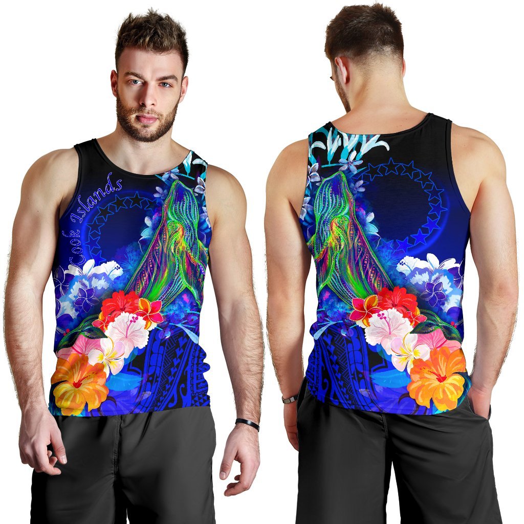 Cook Islands Men's Tank Top - Humpback Whale with Tropical Flowers (Blue) - Polynesian Pride