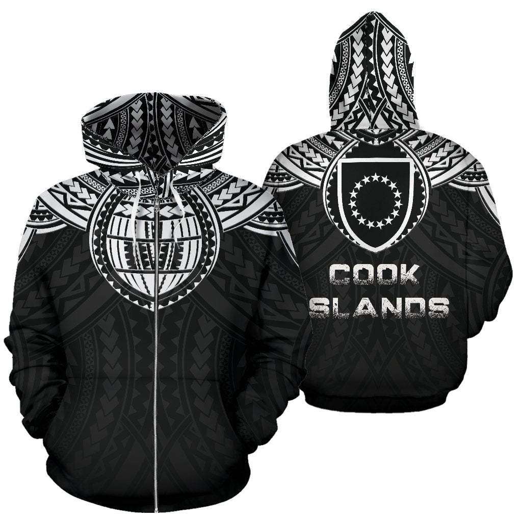 Cook Island Coat of Arms and Poly All Over Zip up Hoodie Unisex Black - Polynesian Pride
