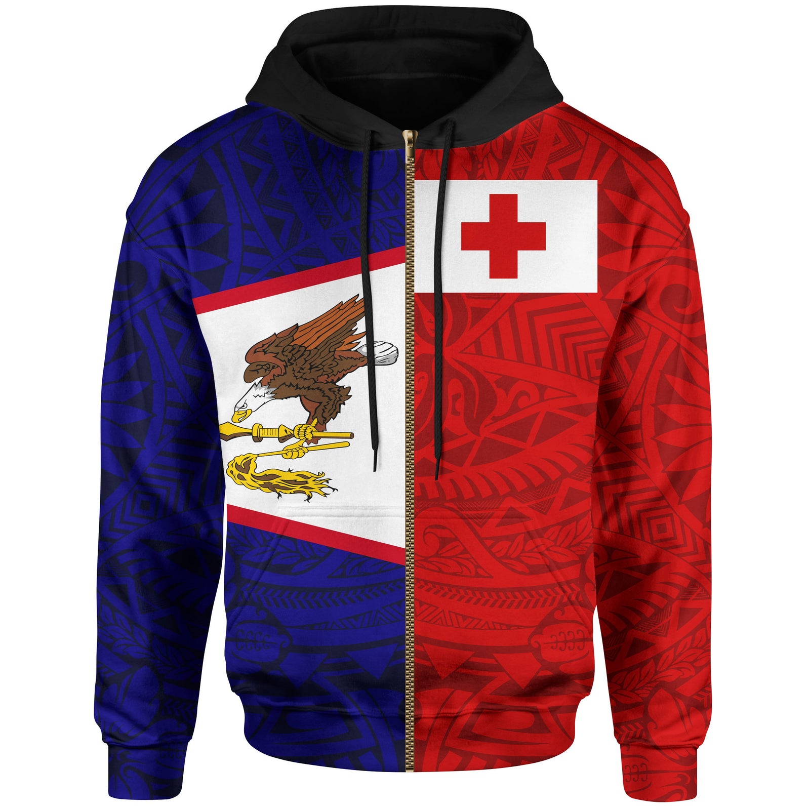 American Samoa Tonga Zip Hoodie Polynesian Pattern Unisex Black - Polynesian Pride