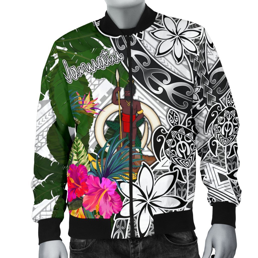 Vanuatu Men's Bomber Jacket White - Turtle Plumeria Banana Leaf - Polynesian Pride