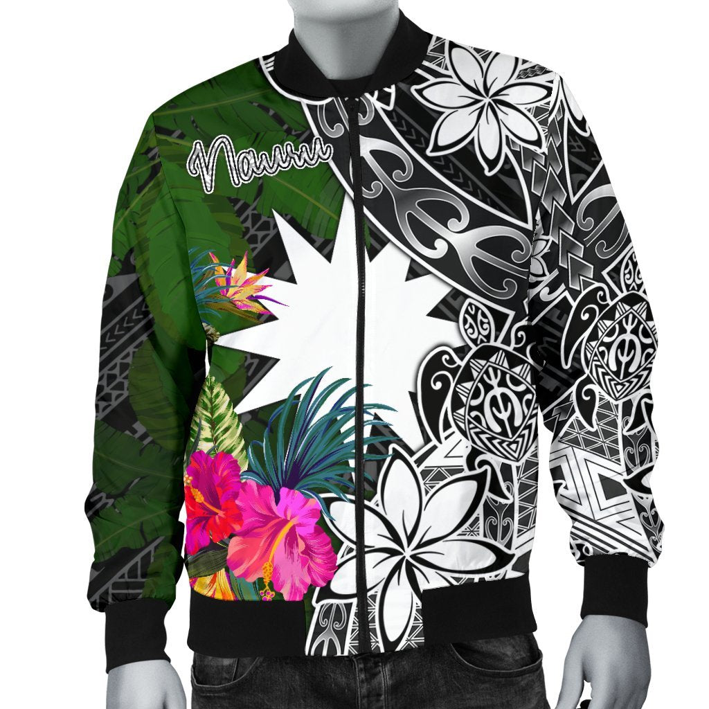 Nauru Men Bomber Jacket - Turtle Plumeria Banana Leaf - Polynesian Pride