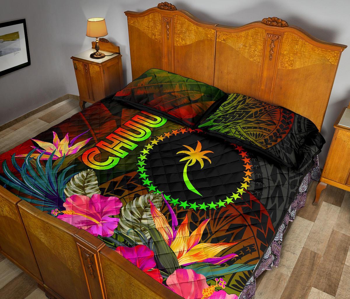 Chuuk Polynesian Quilt Bed Set - Hibiscus and Banana Leaves - Polynesian Pride