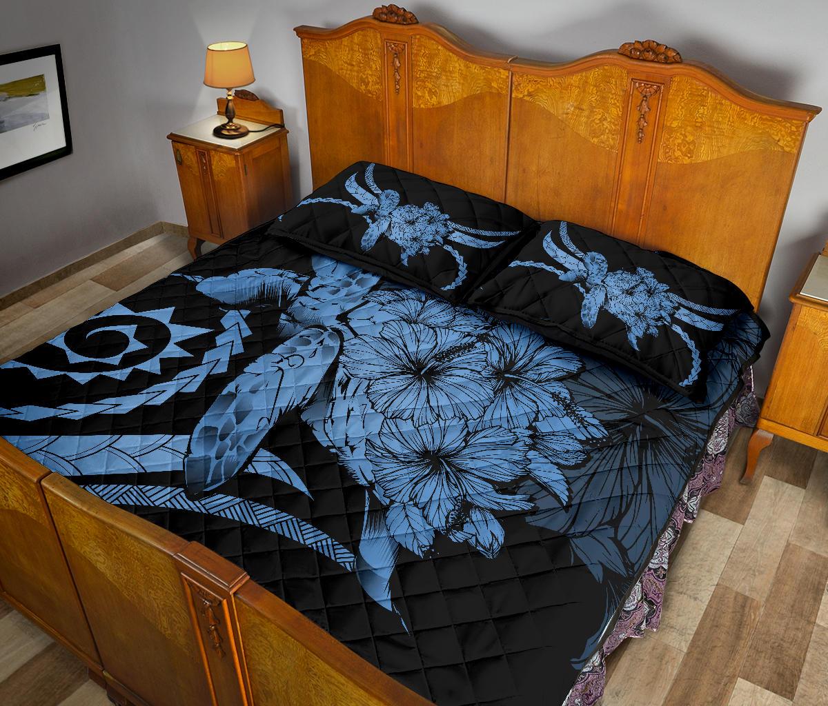 Hawaii Turtle Hibiscus Polynesian Vintage Quilt Bed Set - Pastel Blue - Polynesian Pride