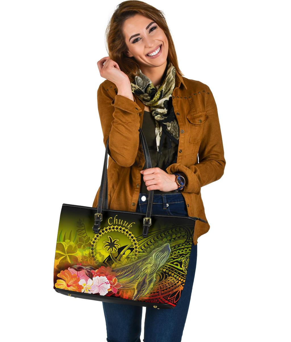 Chuuk Large Leather Tote Bag - Humpback Whale with Tropical Flowers (Yellow) - Polynesian Pride