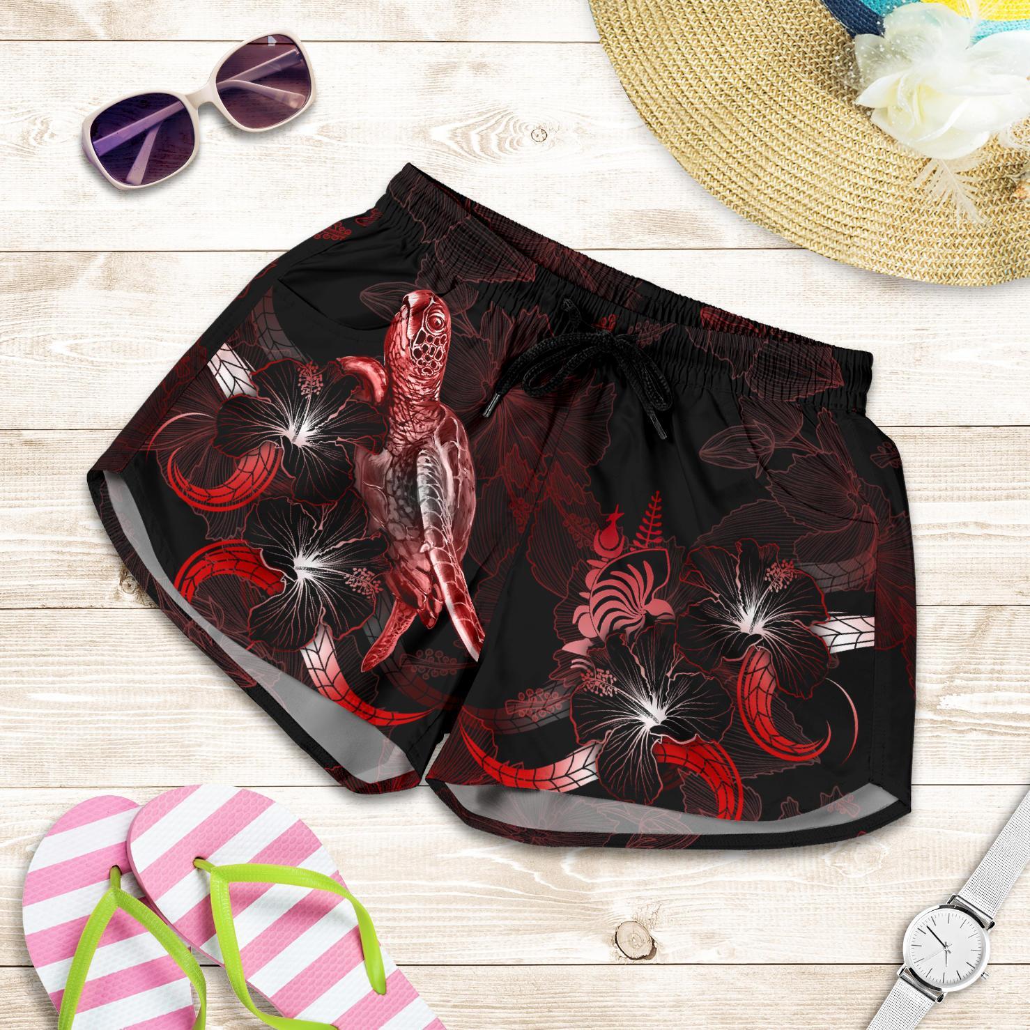 New Caledonia Polynesian Women's Shorts - Turtle With Blooming Hibiscus Red Women Red - Polynesian Pride