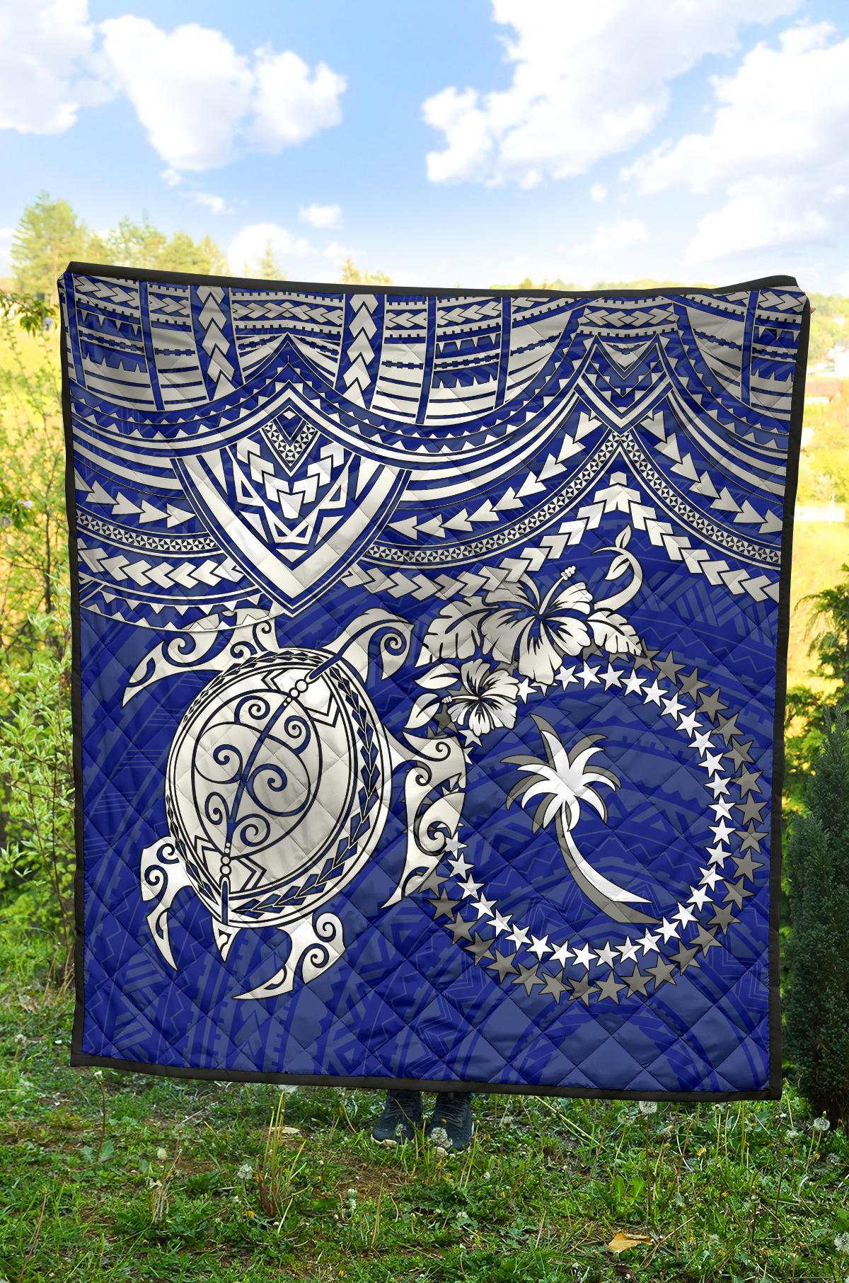 Chuuk Polynesian Premium Quilt - Chuuk Flag & White Turtle Hibiscus (Blue) - Polynesian Pride