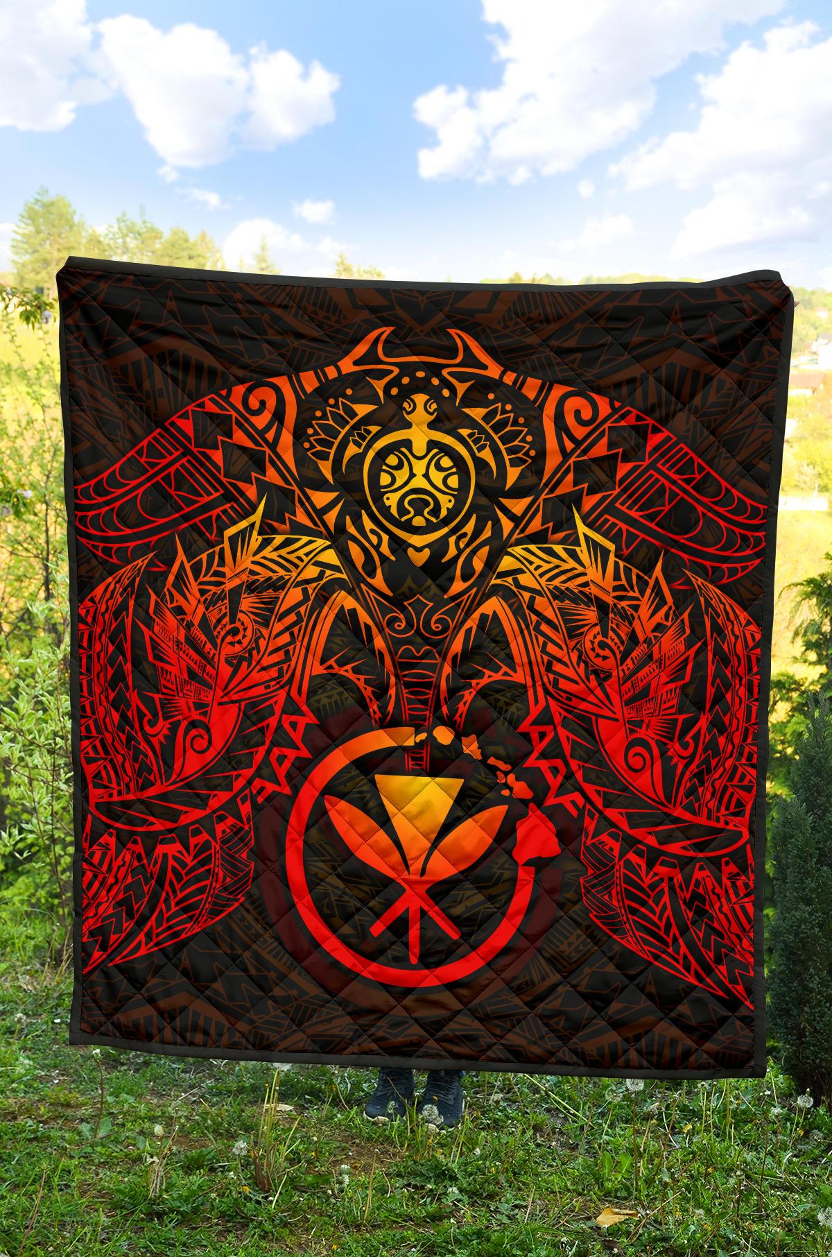 Hawaii Polynesian Premium Quilt - Red Kanaka Maoli Turtle Manta Ray - Polynesian Pride