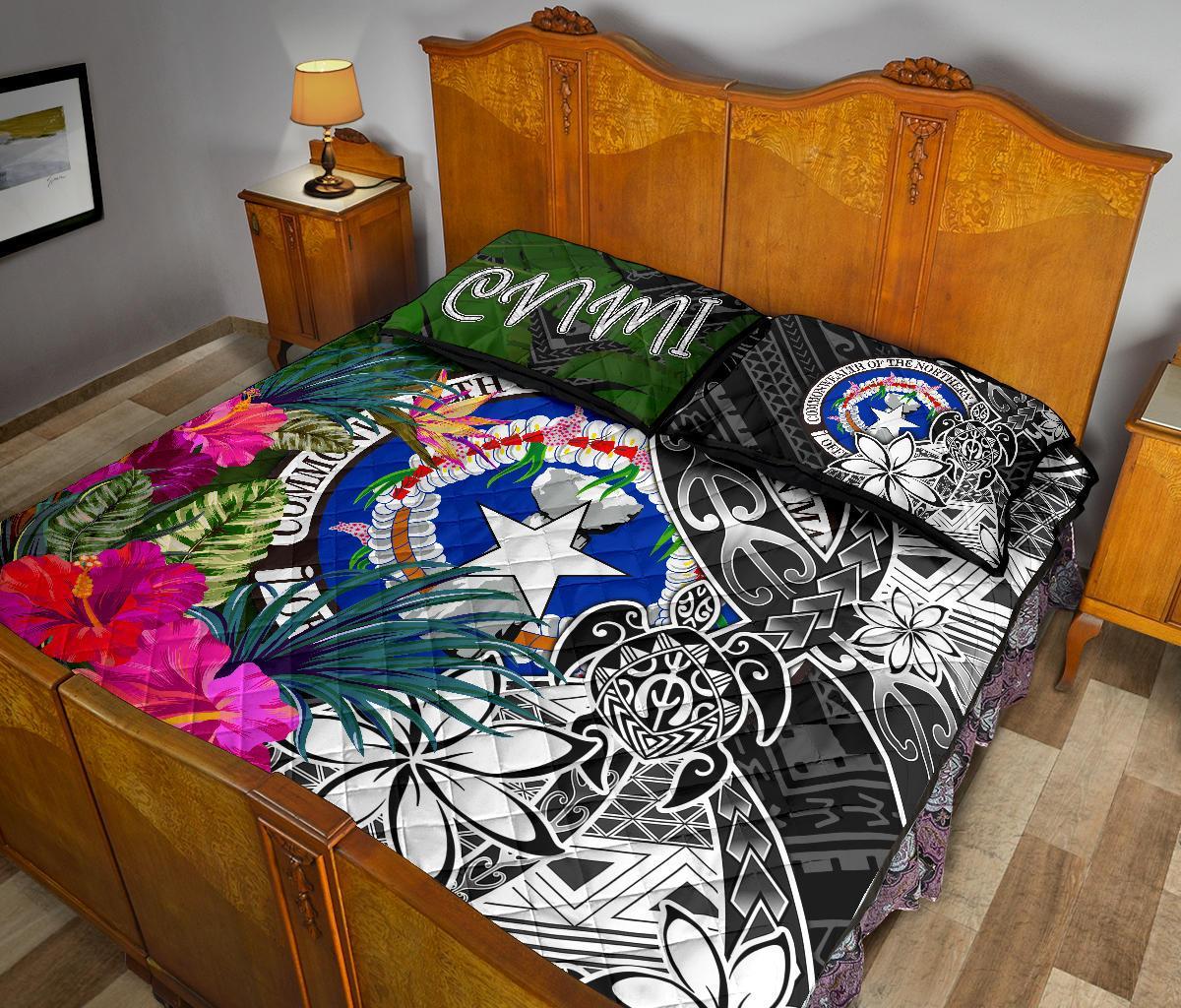 Northern Mariana Islands Quilt Bed Set - Turtle Plumeria Banana Leaf - Polynesian Pride