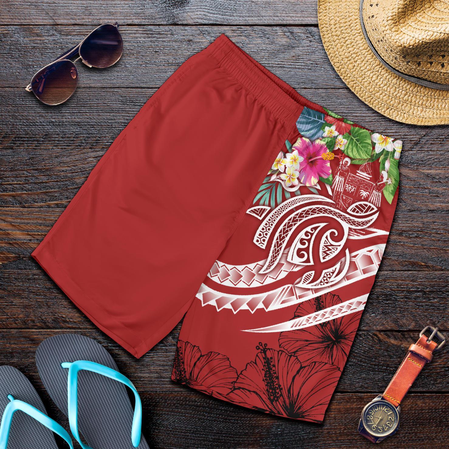 Fiji Polynesian Men's Shorts - Summer Plumeria (Red) Red - Polynesian Pride