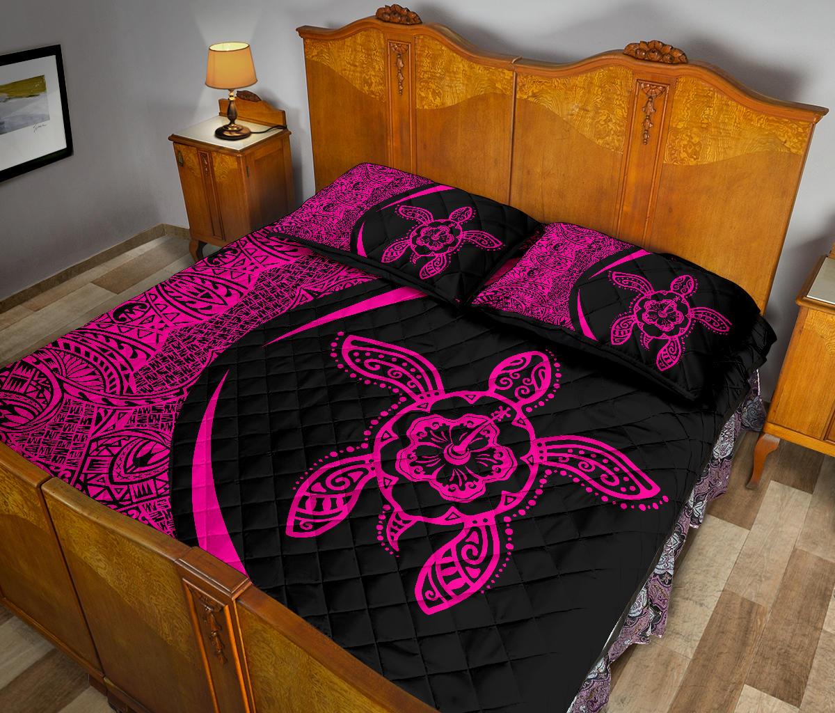 Hawaiian Polynesian Turtle Quilt Bed Set - Circle Style Pink - Polynesian Pride
