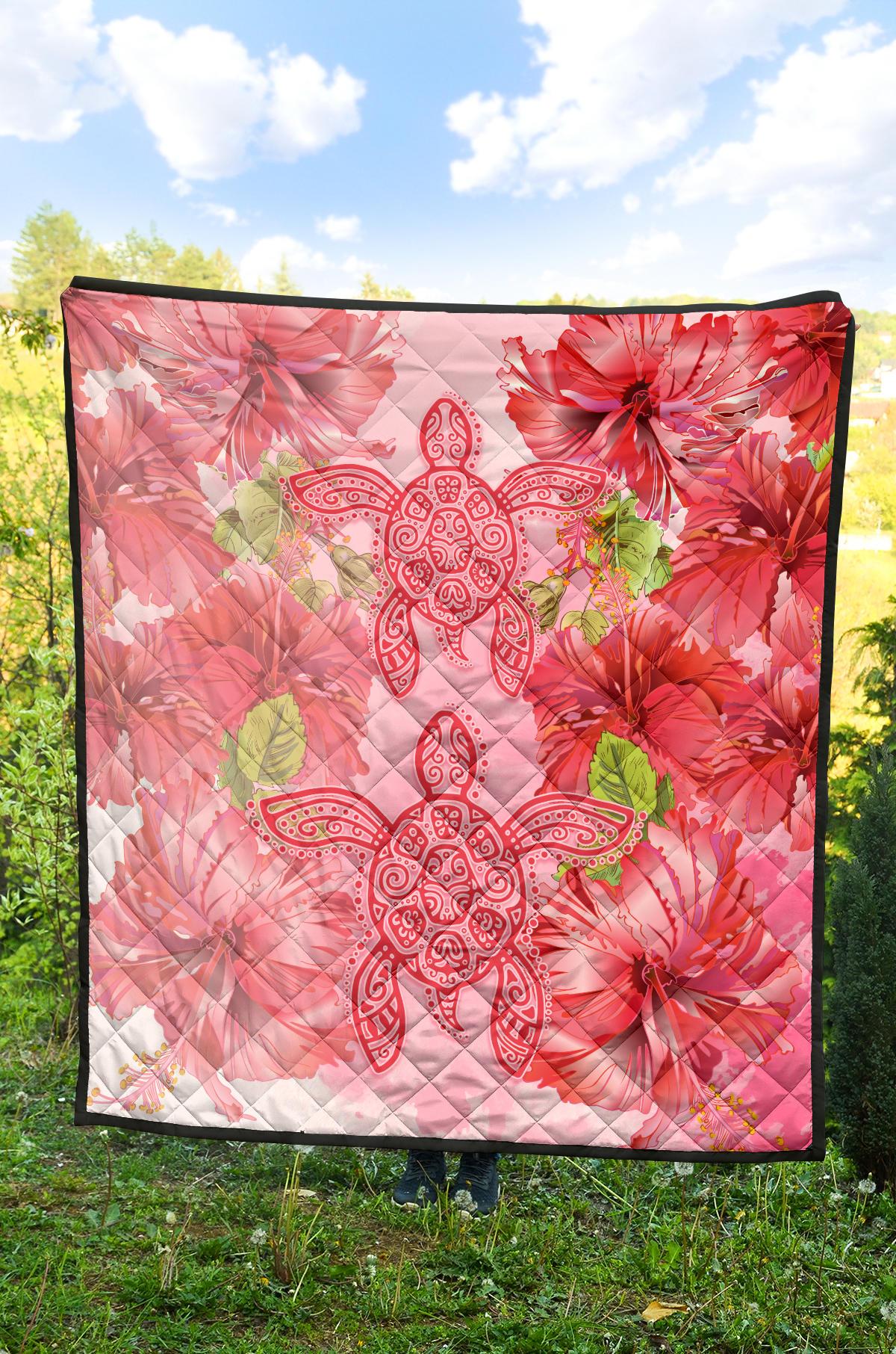 Hawaii Turtle Hibiscus Premium Quilt - Pink Style - Polynesian Pride