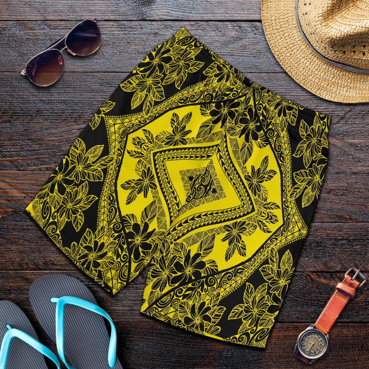 Polynesian Plumeria Mix Yellow Black Men's Short - Polynesian Pride