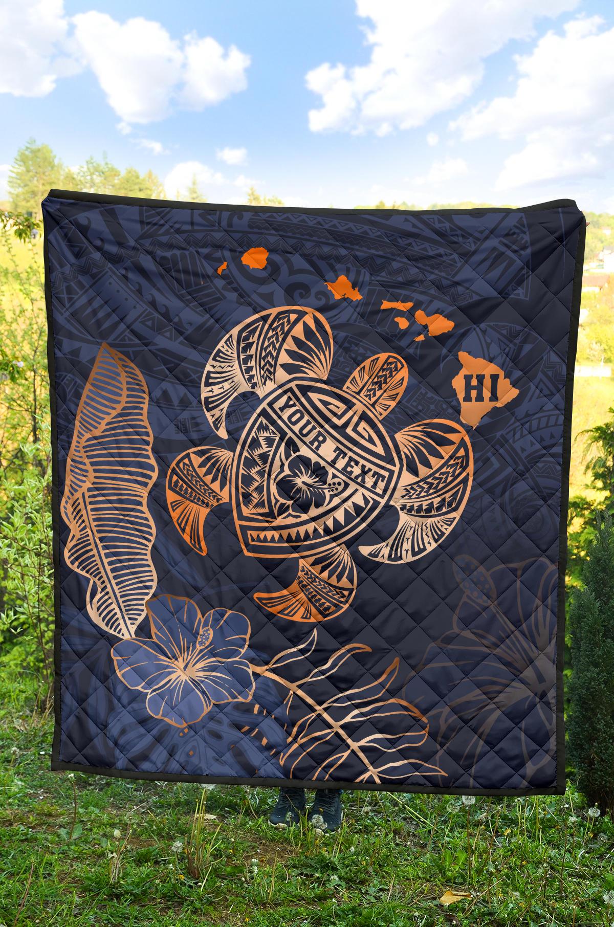 Personalized - Hawaii Kakau Polynesian Turtle Map Premium Quilt - Indigo Special Edition - Polynesian Pride