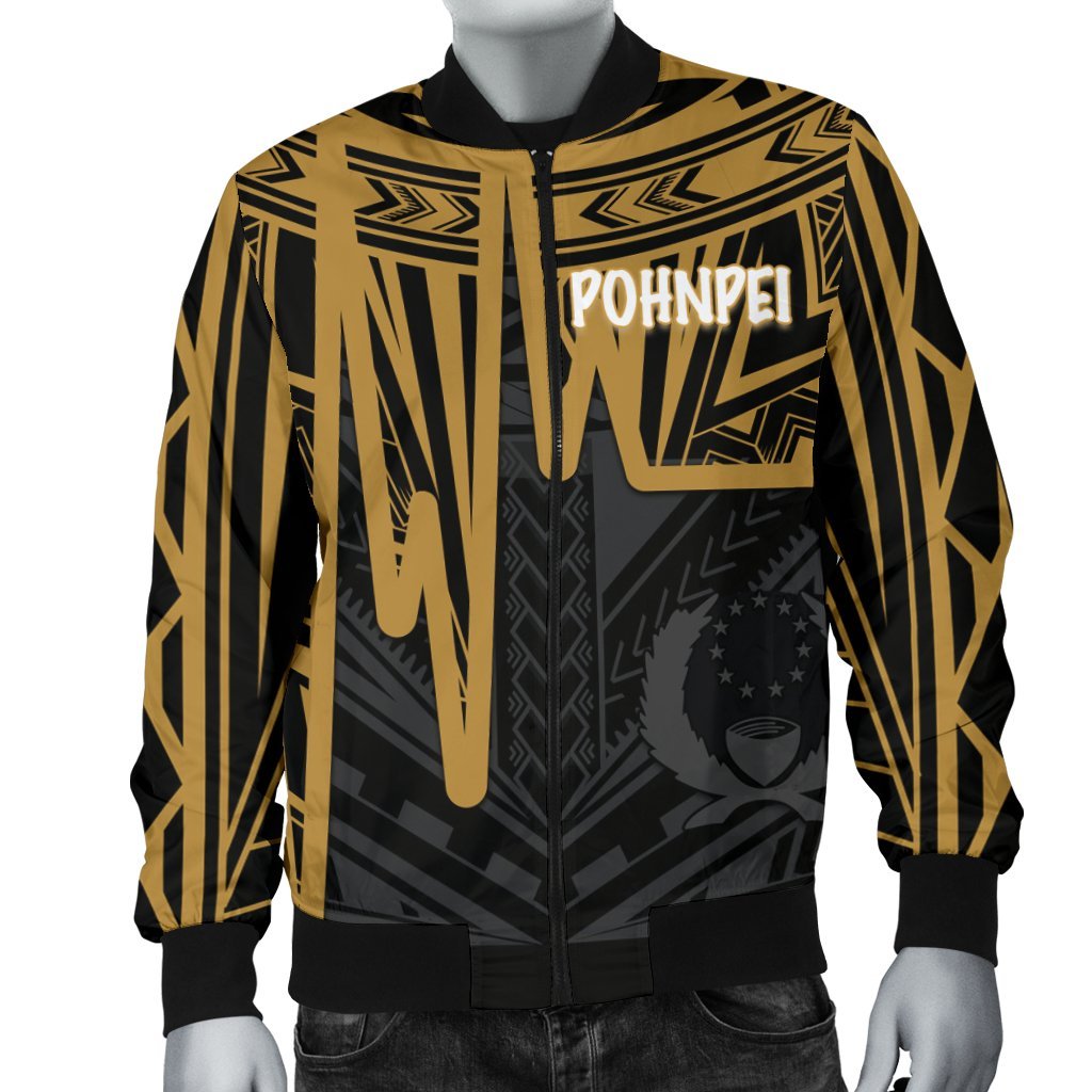 Pohnpei Men's Bomber Jacket - Pohnpei Seal In Heartbeat Patterns Style (Gold) - Polynesian Pride