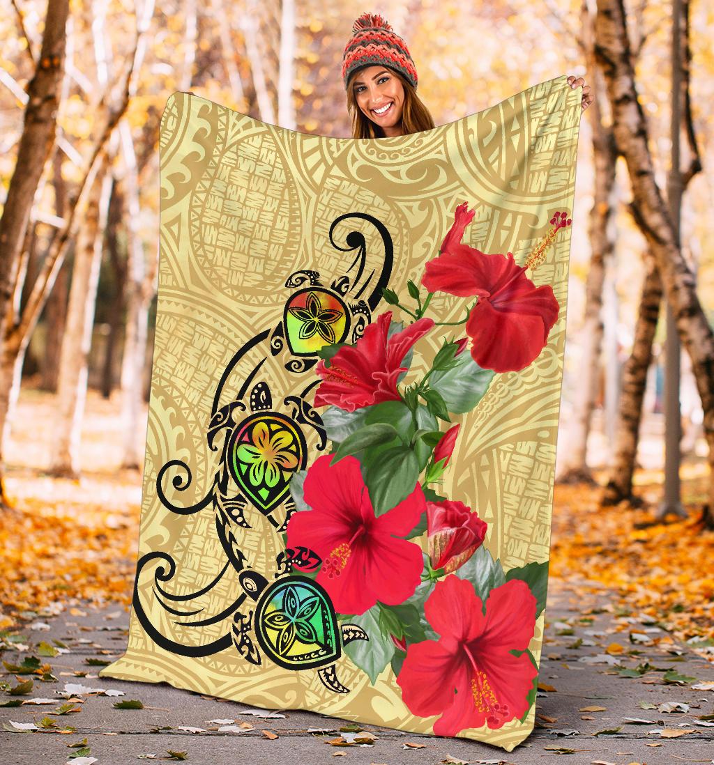 Hawaiian Marble Turtles Hibiscus Premium Blanket - Polynesian Pride