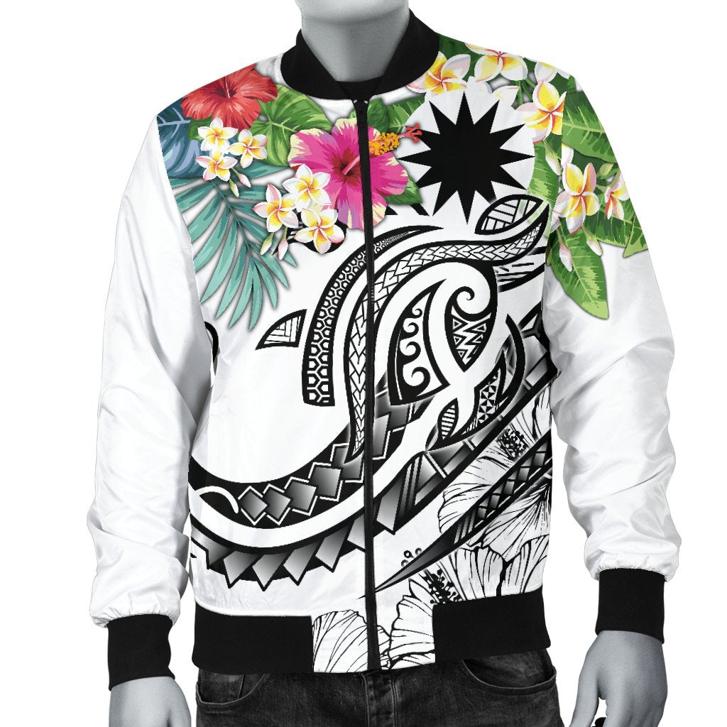 Nauru Polynesian Men's Bomber Jacket - Summer Plumeria (White) - Polynesian Pride