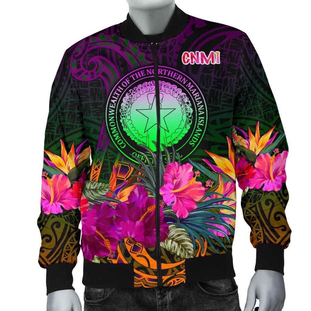 Northern Mariana Islands Polynesian Men's Bomber Jacket - Summer Hibiscus - Polynesian Pride